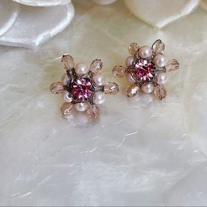 Pink Rhinestone Beaded Faux Pearl Stud Flower Earrings Wedding Bridal 3/4”